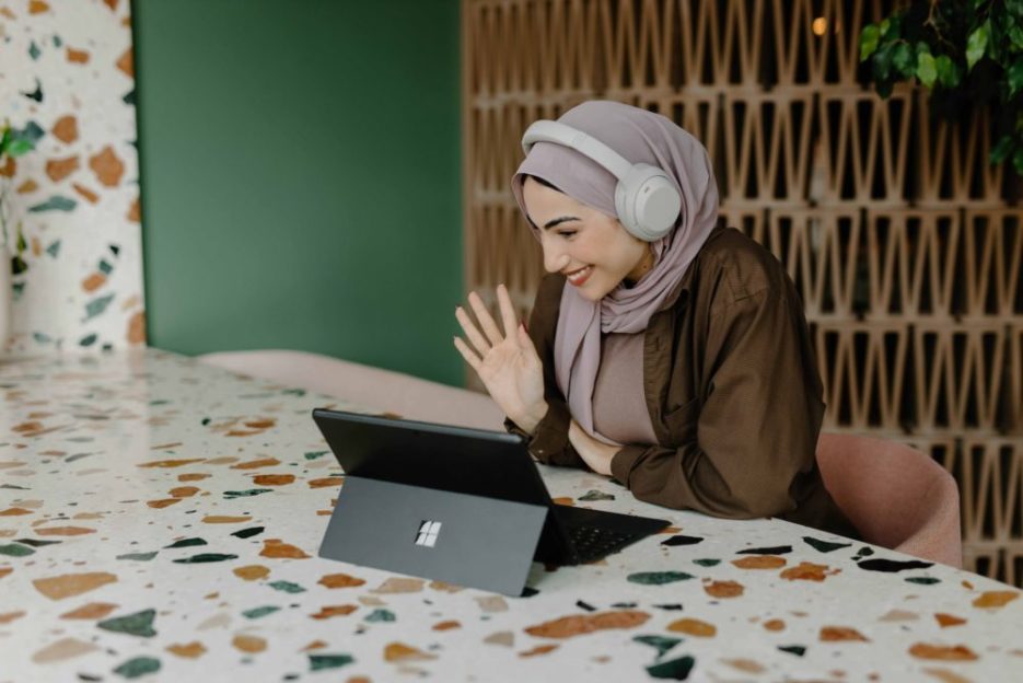 A woman having an online class